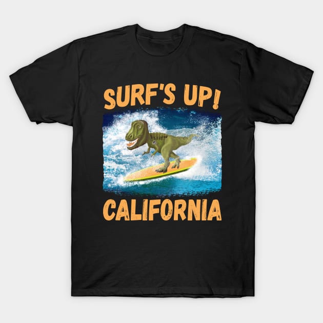 T Rex Surf's Up! California Surfing Lovers T-Shirt by Fairview Design